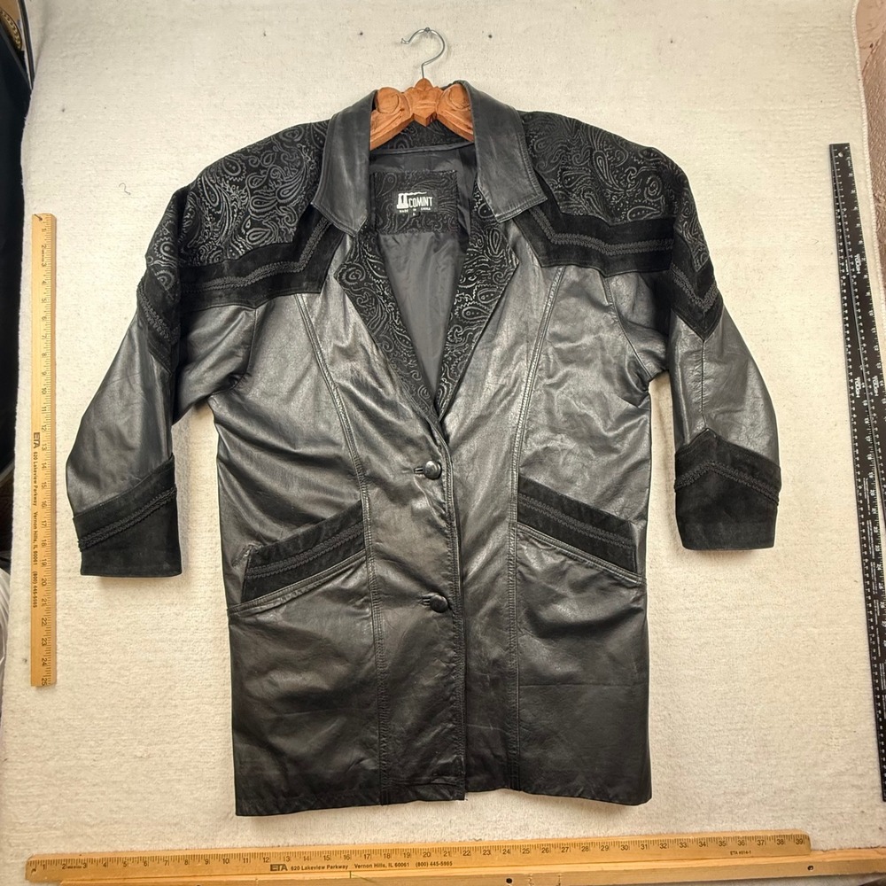 VTG Comint Black Leather Jacket Paisley Womens Large mob wife 80s psycobilly